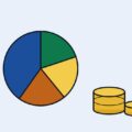 Illusztráció: színes tortadiagram és egymásra rakott érmék az uniós zászló mellett